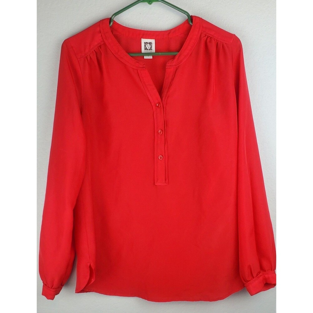 Anne Klein Womens Small Red Long Sleeved Henley Red Blouse Shirt Top